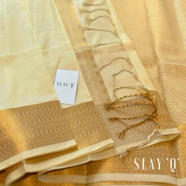 SLAY Q NESA SERIES | PLAIN PATTU SAREE WITH RUNNING BLOUSE & BEAUTIFUL GOLD ZARI BORDER | BRIDESMAID SAREE - BEIGE