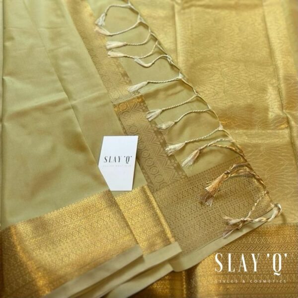 SLAY Q NESA SERIES | PLAIN PATTU SAREE WITH RUNNING BLOUSE & BEAUTIFUL GOLD ZARI BORDER | BRIDESMAID SAREE - LIGHT GOLD