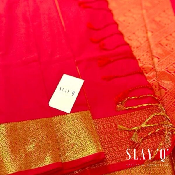 SLAY Q NESA SERIES | PLAIN PATTU SAREE WITH RUNNING BLOUSE & BEAUTIFUL GOLD ZARI BORDER | BRIDESMAID SAREE - CHILLI RED