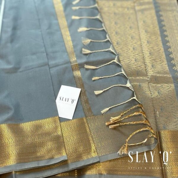 SLAY Q NESA SERIES | PLAIN PATTU SAREE WITH RUNNING BLOUSE & BEAUTIFUL GOLD ZARI BORDER | BRIDESMAID SAREE - ASH GREY