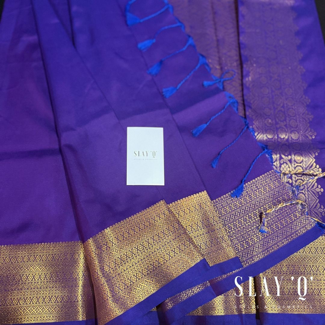 SLAY Q NESA SERIES | PLAIN PATTU SAREE WITH RUNNING BLOUSE & BEAUTIFUL GOLD ZARI BORDER | BRIDESMAID SAREE - DARK PURPLE