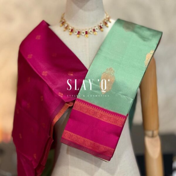 SLAY Q AARA SEMI SILK SAREE SERIES - MINT GREEN + DARK PINK
