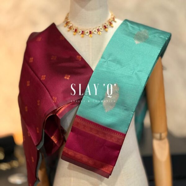 SLAY Q AARA SEMI SILK SAREE SERIES - TURQUOISE + DEEP MAROON