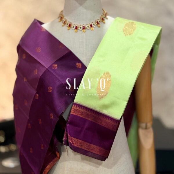 SLAY Q AARA SEMI SILK SAREE SERIES - PISTA GREEN + DARK PURPLE