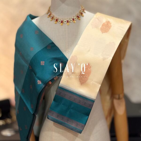 SLAY Q AARA SEMI SILK SAREE SERIES - CREAM + TEAL