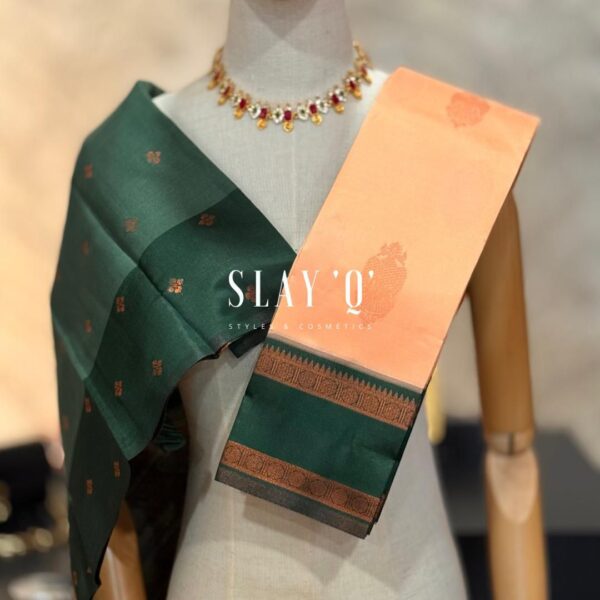 SLAY Q AARA SEMI SILK SAREE SERIES - PEACH + FOREST GREEN
