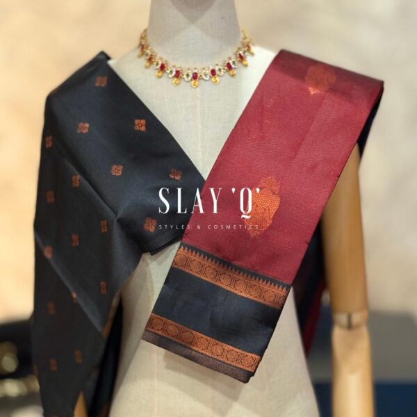 SLAY Q AARA SEMI SILK SAREE SERIES - DEEP MAROON + CHARCOAL BLACK