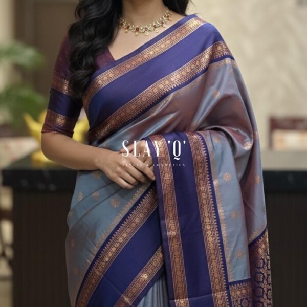 SLAY Q | SOFT SILK SAREE WITH CONTRAST
BLOUSE MATERIAL | SUITABLE FOR
BRIDESMAIDS Fabric - UNICORN GREY + NAVY BLUE BORDER