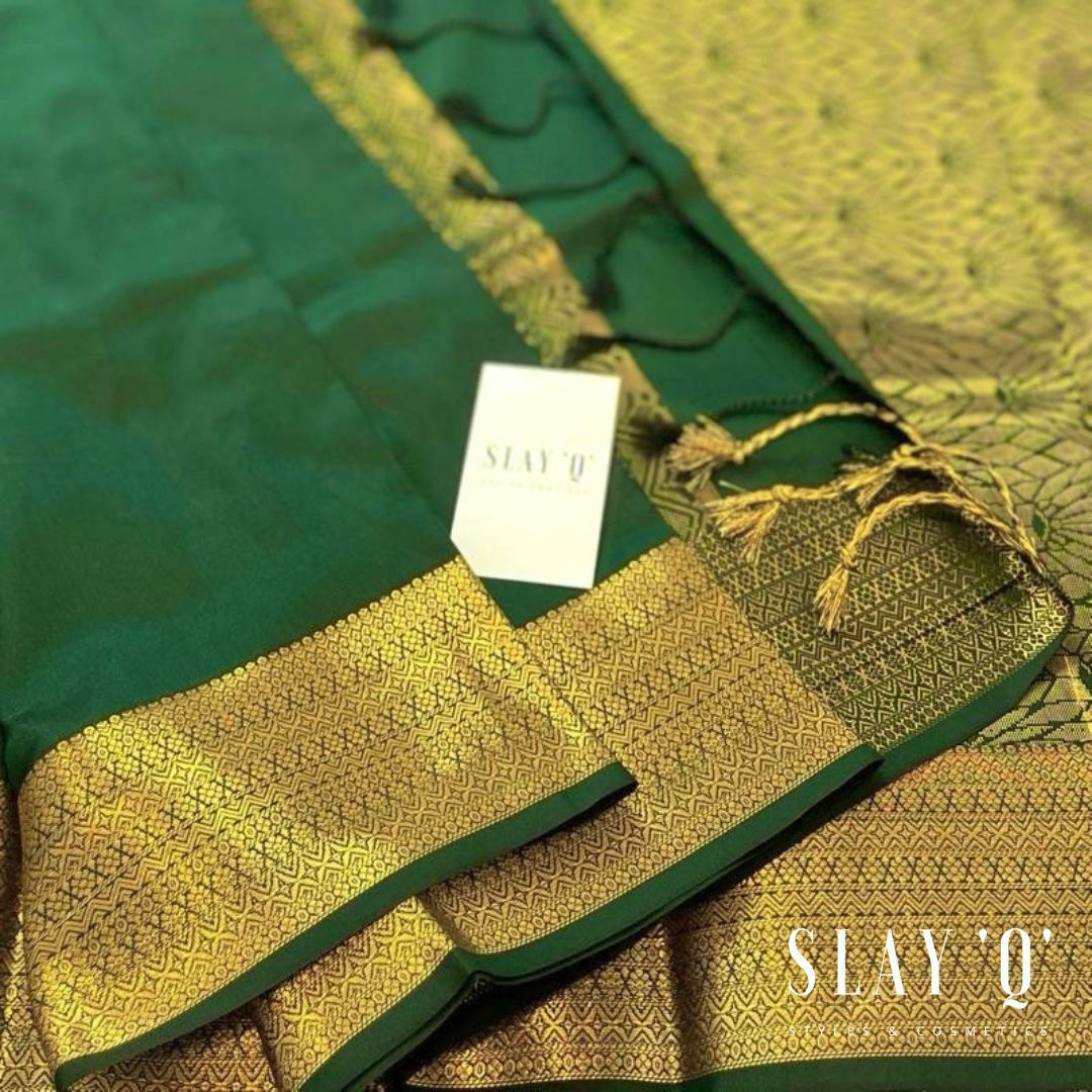 SLAY Q NESA SERIES | PLAIN PATTU SAREE WITH RUNNING BLOUSE & BEAUTIFUL GOLD ZARI BORDER | BRIDESMAID SAREE- DARK GREEN