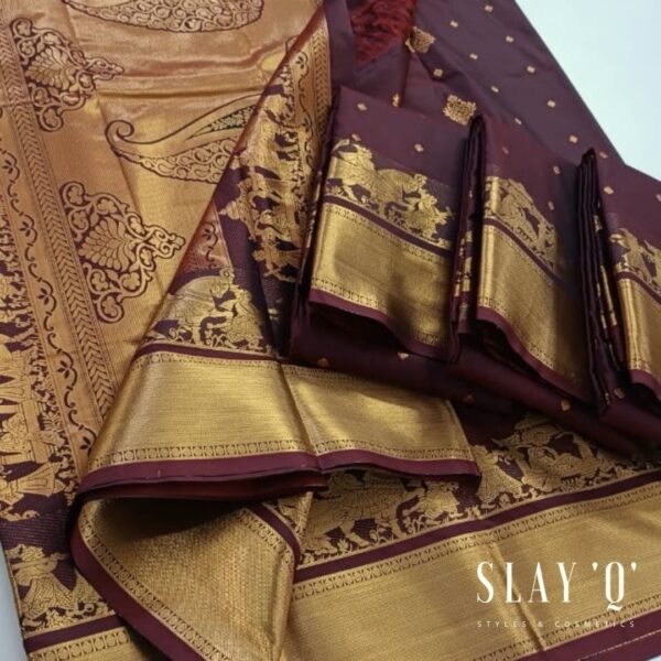 SLAY  Q  PALAKKU PURE MIX KANCHI SILK SERIES | RUNNING 🥻- DEEP WINE MAROON