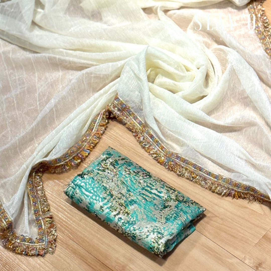 SLAY Q IRIS SERIES READYMADE SAREE WITH PLAIN & EXTRA UNIQUE BROCADE BLOUSE | METALLIC SHINE SAREE FABRIC - IVORY BLOOM