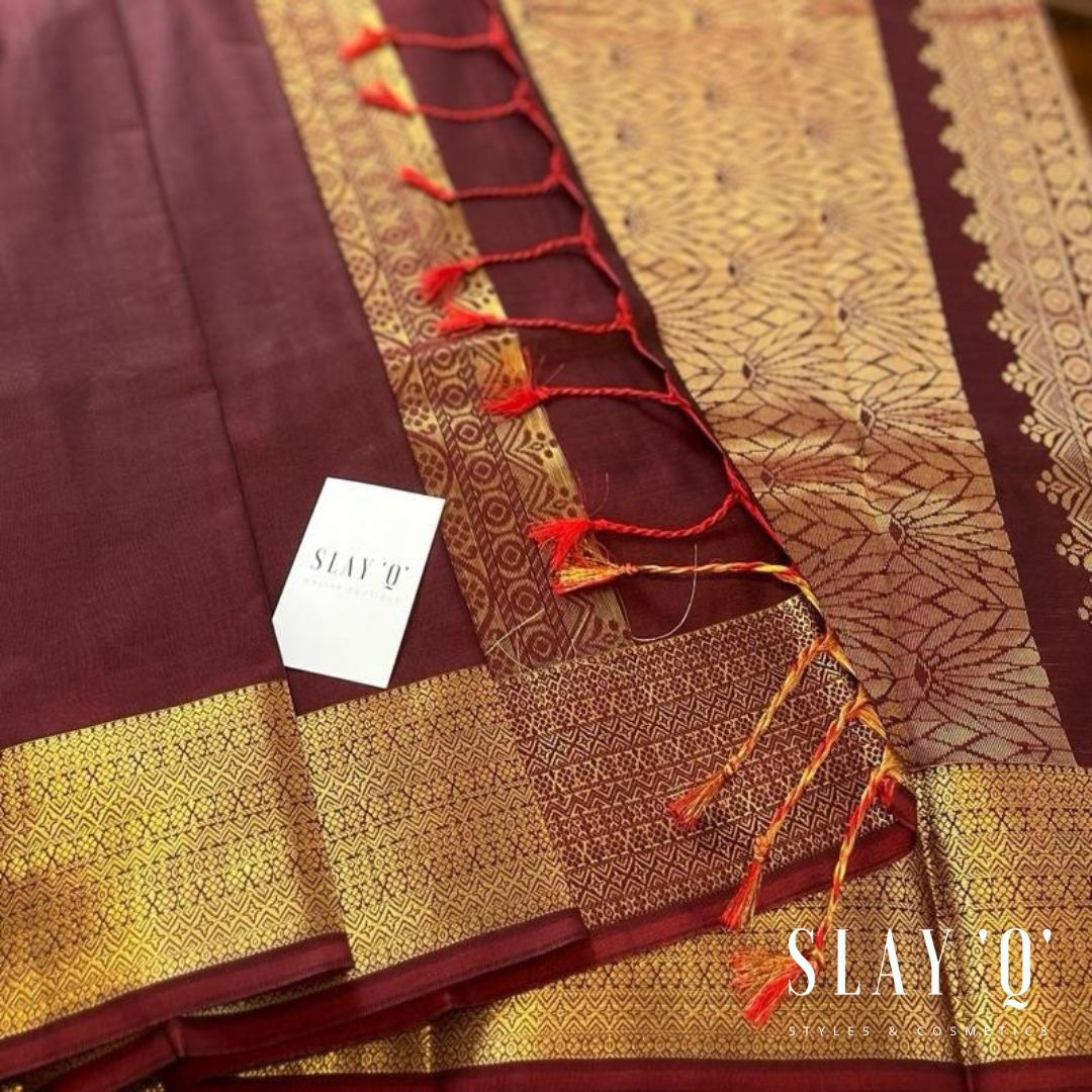 SLAY Q NESA SERIES | PLAIN PATTU SAREE WITH RUNNING BLOUSE & BEAUTIFUL GOLD ZARI BORDER | BRIDESMAID SAREE - DARK WINE MAROON
