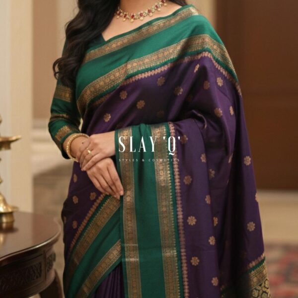 SLAY Q | SOFT SILK SAREE WITH CONTRAST
BLOUSE MATERIAL | SUITABLE FOR
BRIDESMAIDS Fabric - DARK PURPLE + GREEN
