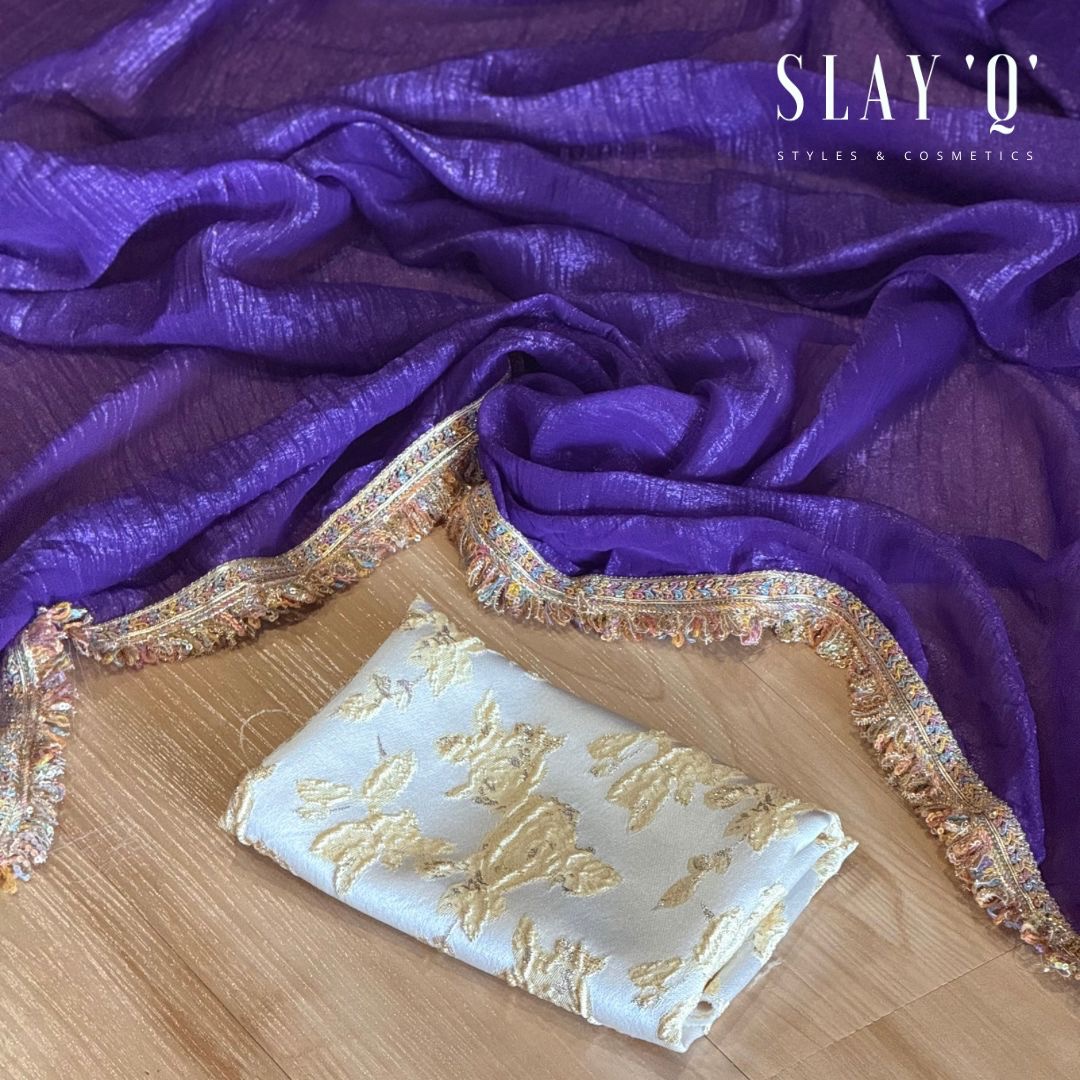 SLAY Q IRIS SERIES READYMADE SAREE WITH PLAIN & EXTRA UNIQUE BROCADE BLOUSE | METALLIC SHINE SAREE FABRIC - VIOLET PURPLE
