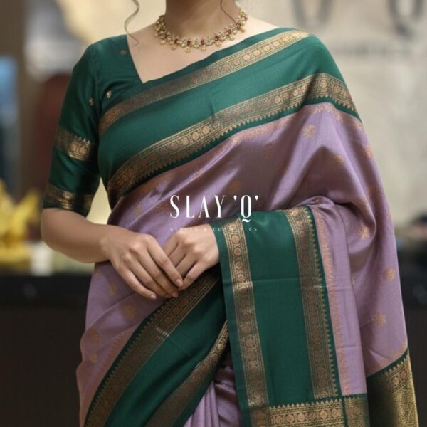 SLAY Q | SOFT SILK SAREE WITH CONTRAST
BLOUSE MATERIAL | SUITABLE FOR
BRIDESMAIDS Fabric - DUSTY PURPLE + GREEN