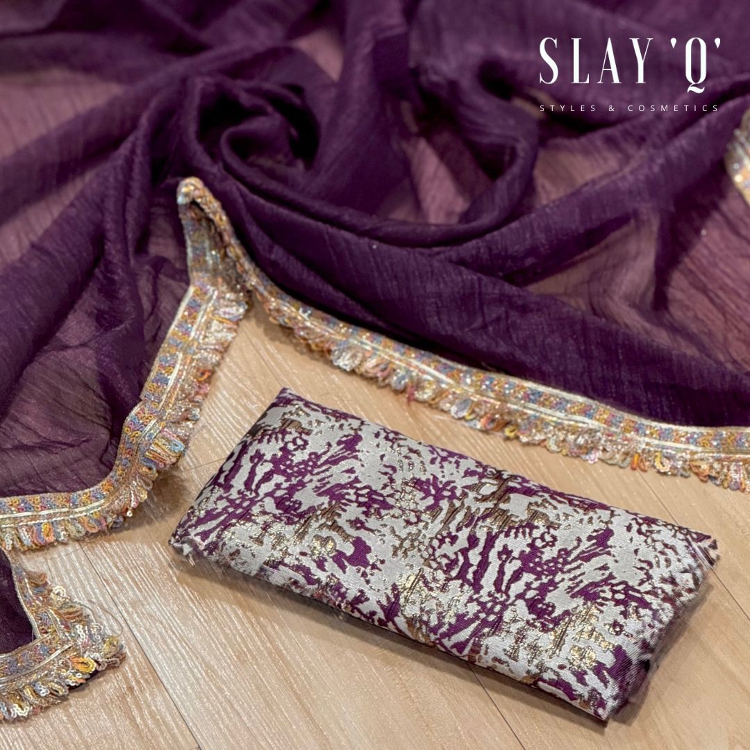 SLAY Q IRIS SERIES READYMADE SAREE WITH PLAIN & EXTRA UNIQUE BROCADE BLOUSE | METALLIC SHINE SAREE FABRIC - PLUM MAJESTY