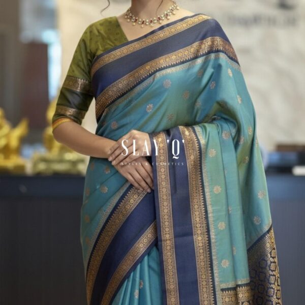 SLAY Q | SOFT SILK SAREE WITH CONTRAST
BLOUSE MATERIAL | SUITABLE FOR
BRIDESMAIDS Fabric - SEA BLUE + SPACE BLUE BORDER