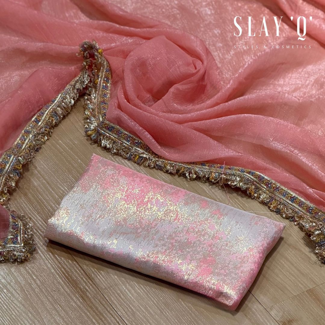 SLAY Q IRIS SERIES READYMADE SAREE WITH PLAIN & EXTRA UNIQUE BROCADE BLOUSE | METALLIC SHINE SAREE FABRIC - BLUSH PINK