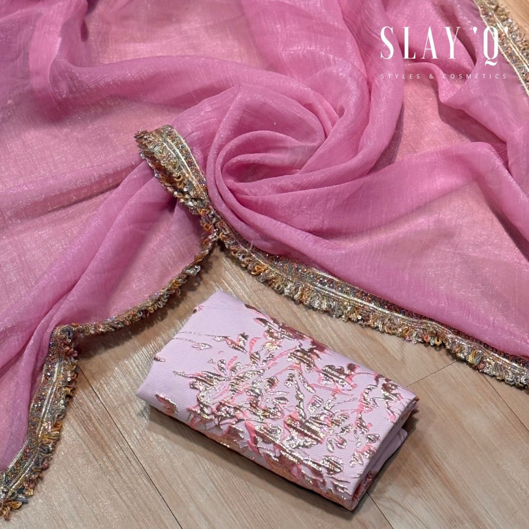 SLAY Q IRIS SERIES READYMADE SAREE WITH PLAIN & EXTRA UNIQUE BROCADE BLOUSE | METALLIC SHINE SAREE FABRIC - PINK REVERIE
