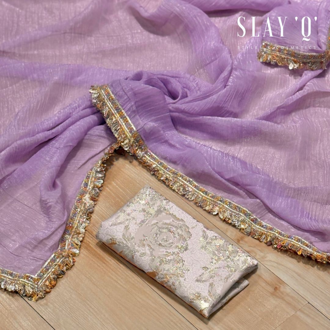 SLAY Q IRIS SERIES READYMADE SAREE WITH PLAIN & EXTRA UNIQUE BROCADE BLOUSE | METALLIC SHINE SAREE FABRIC - LILAC BLOOM