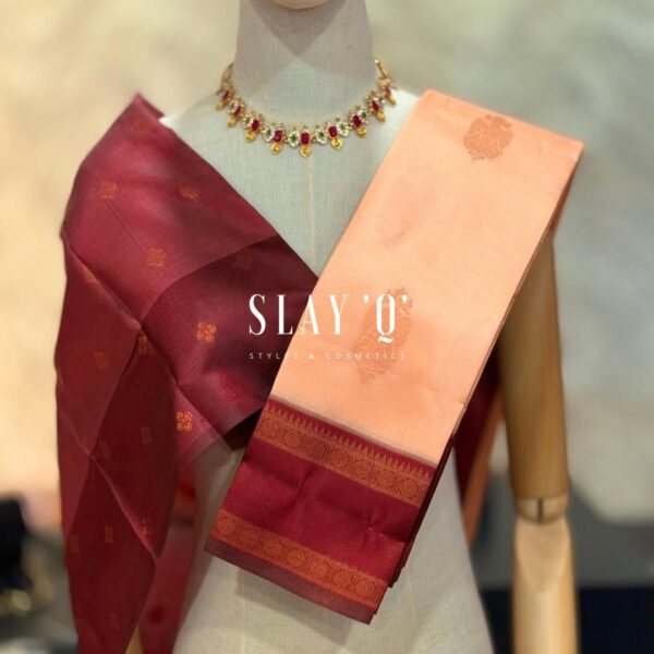 SLAY Q AARA SEMI SILK SAREE SERIES - PEACH + DEEP MAROON
