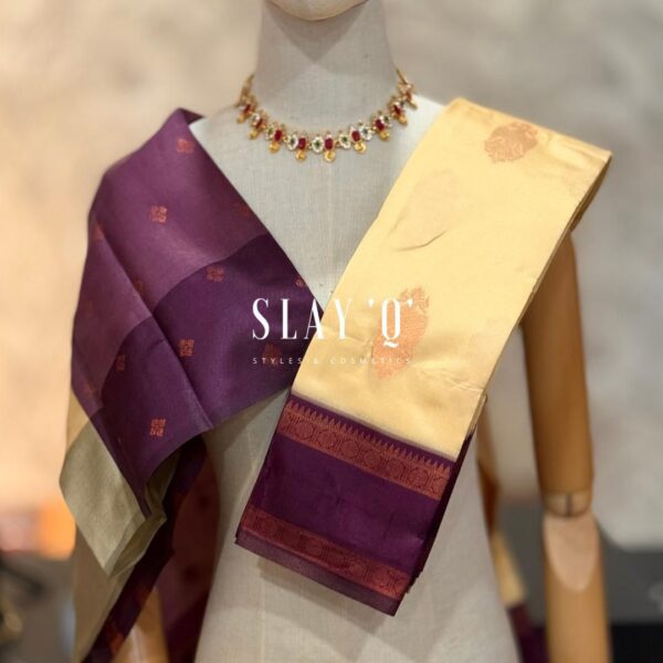 SLAY Q AARA SEMI SILK SAREE SERIES - LIGHT GOLD + DARK PURPLE