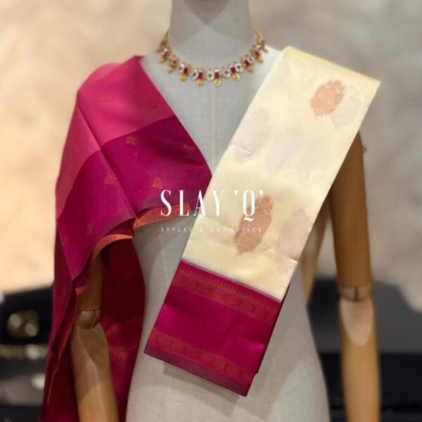 SLAY Q AARA SEMI SILK SAREE SERIES - CREAM + DARK PINK