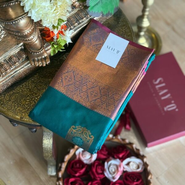 PURE MIX KANCHIPURAM (TEAL GREEN WITH COPPER ZARI AND MAGENTA BORDER)