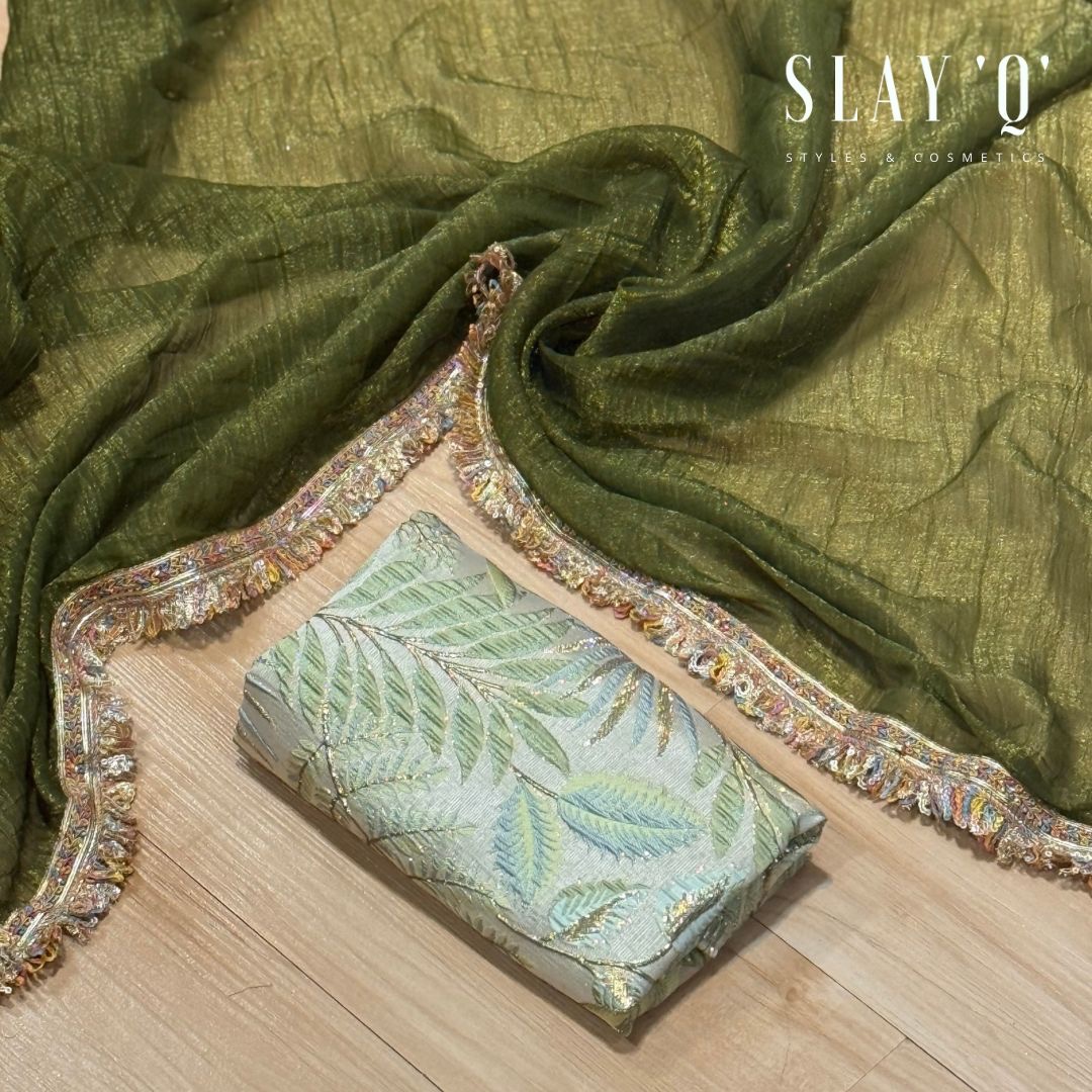 SLAY Q IRIS SERIES READYMADE SAREE WITH PLAIN & EXTRA UNIQUE BROCADE BLOUSE | METALLIC SHINE SAREE FABRIC - OLIVE ENCHANT