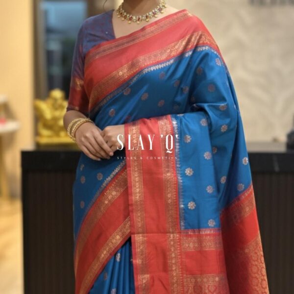 SLAY Q | SOFT SILK SAREE WITH CONTRAST
BLOUSE MATERIAL | SUITABLE FOR
BRIDESMAIDS Fabric - TEAL BLUE + RED BORDER