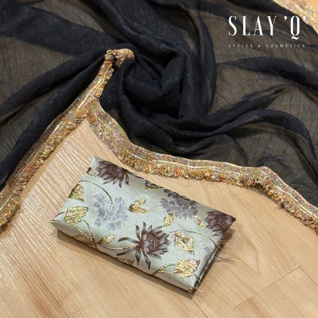 SLAY Q IRIS SERIES READYMADE SAREE WITH PLAIN & EXTRA UNIQUE BROCADE BLOUSE | METALLIC SHINE SAREE FABRIC - JET BLACK