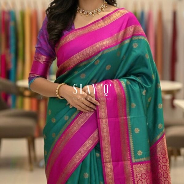 SLAY Q | SOFT SILK SAREE WITH CONTRAST
BLOUSE MATERIAL | SUITABLE FOR
BRIDESMAIDS Fabric - PEACH PINK + FOREST GREEN