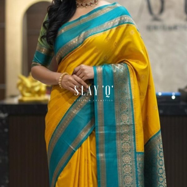 SLAY Q | SOFT SILK SAREE WITH CONTRAST
BLOUSE MATERIAL | SUITABLE FOR
BRIDESMAIDS Fabric - YELLOW + TURQUOISE BORDER