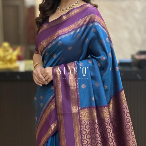 SLAY Q | SOFT SILK SAREE WITH CONTRAST
BLOUSE MATERIAL | SUITABLE FOR
BRIDESMAIDS Fabric - TEAL BLUE + DARK PURPLE