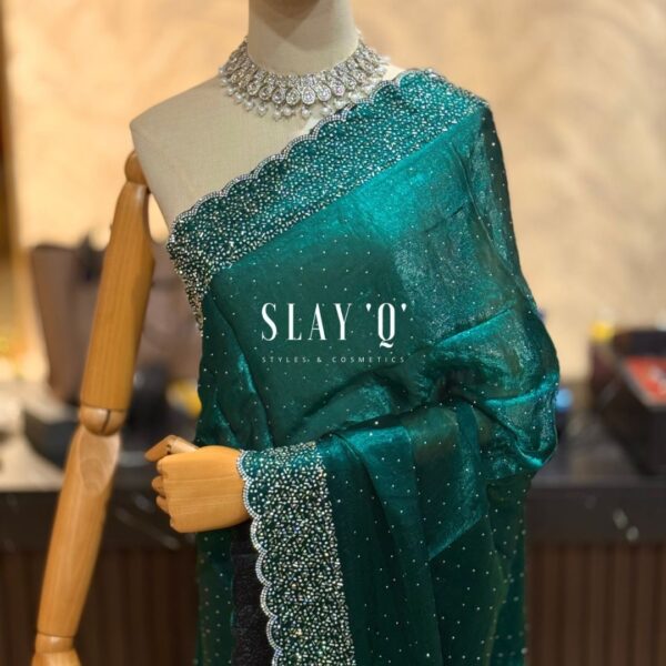 SLAY Q LAYA DINNER SAREE SERIES | STONE WORK | RUNNING BLOUSE - MYSTIC EMERALD