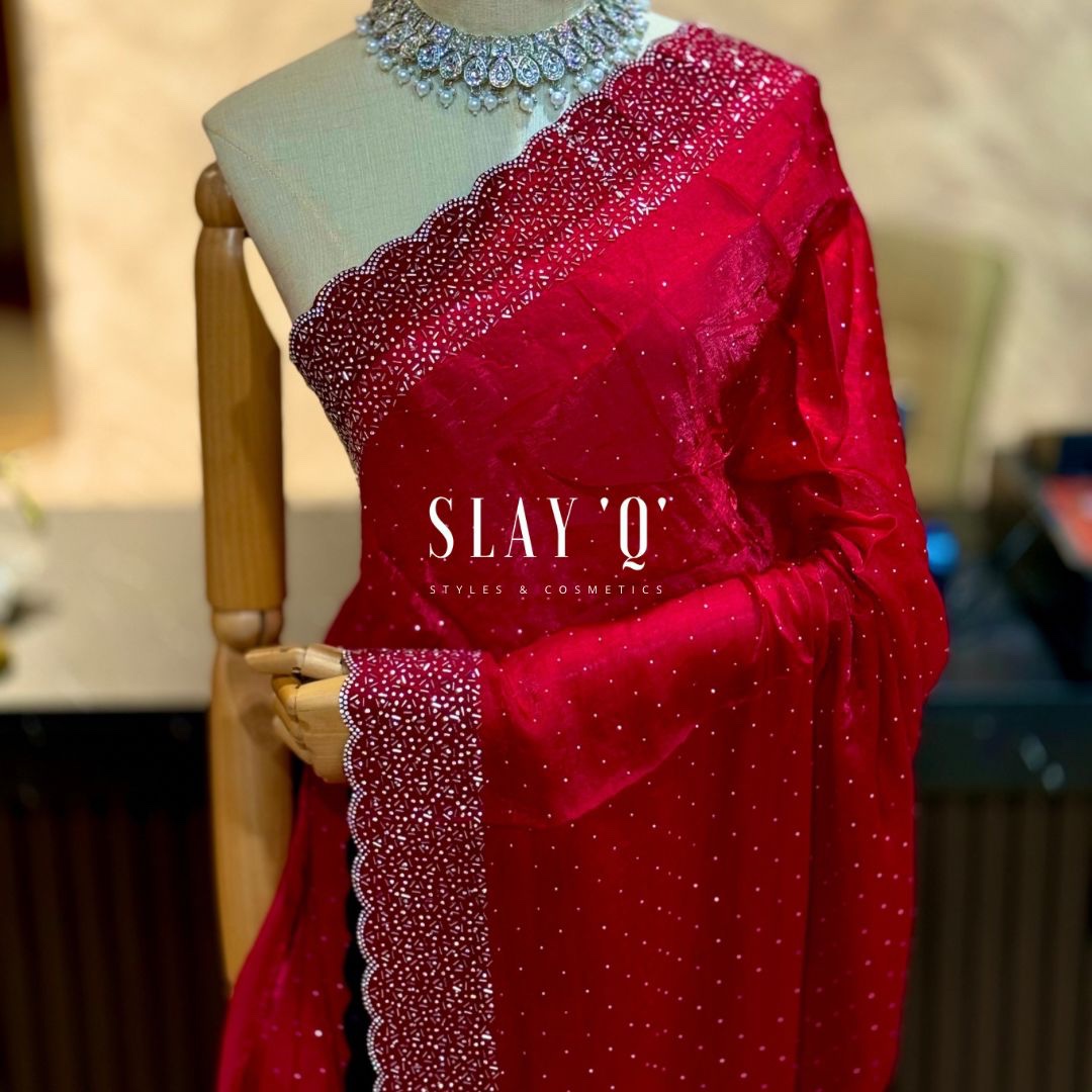 SLAY Q LAYA DINNER SAREE SERIES | STONE WORK | RUNNING BLOUSE - CRIMSON KISS