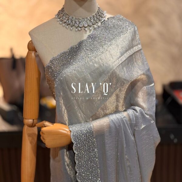 SLAY Q LAYA DINNER SAREE SERIES | STONE WORK | RUNNING BLOUSE - PLATINUM MIST