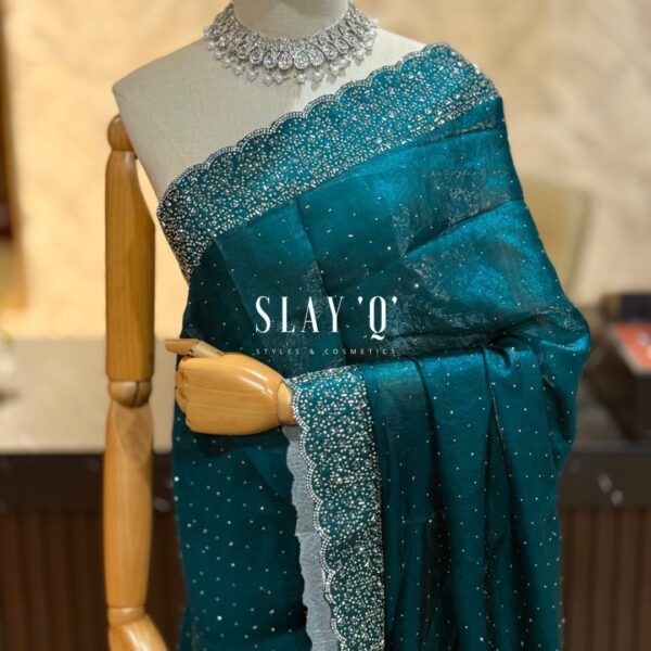 SLAY Q LAYA DINNER SAREE SERIES | STONE WORK | RUNNING BLOUSE - DEEP LAGOON