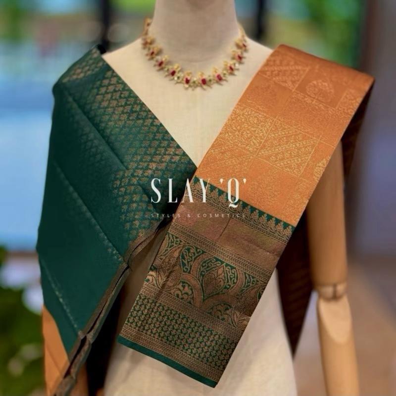 SLAY Q AASHI SERIES | BRIDESMAID SEMI SILK SAREE (SOFT FABRIC) - MANGO + GREEN