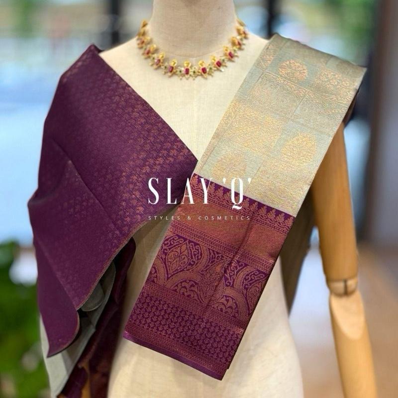 SLAY Q AASHI SERIES | BRIDESMAID SEMI SILK SAREE (SOFT FABRIC) - SAGE GREY + PURPLE