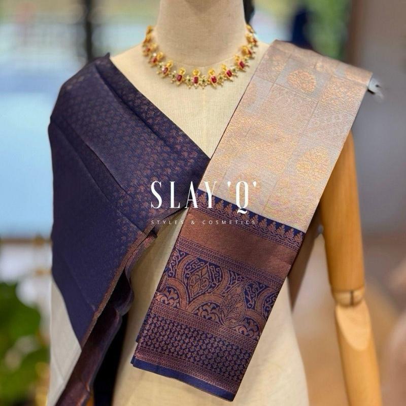 SLAY Q AASHI SERIES | BRIDESMAID SEMI SILK SAREE (SOFT FABRIC) - ASH GREY + MIDNIGHT BLUE