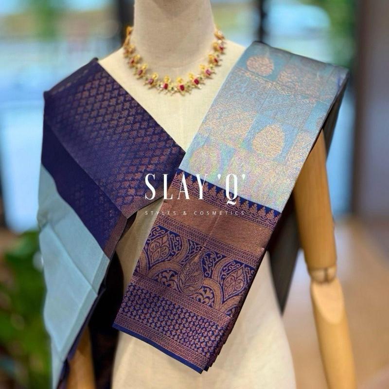 SLAY Q AASHI SERIES | BRIDESMAID SEMI SILK SAREE (SOFT FABRIC) - ICE BLUE + MIDNIGHT BLUE
