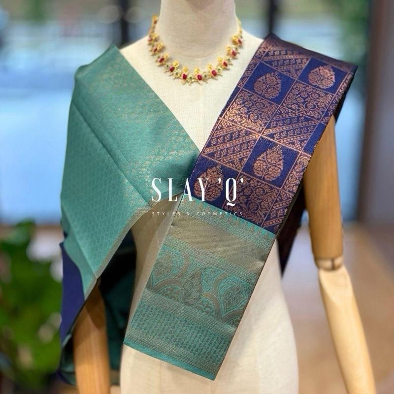 SLAY Q AASHI SERIES | BRIDESMAID SEMI SILK SAREE (SOFT FABRIC) - MIDNIGHT BLUE + TURQUOISE