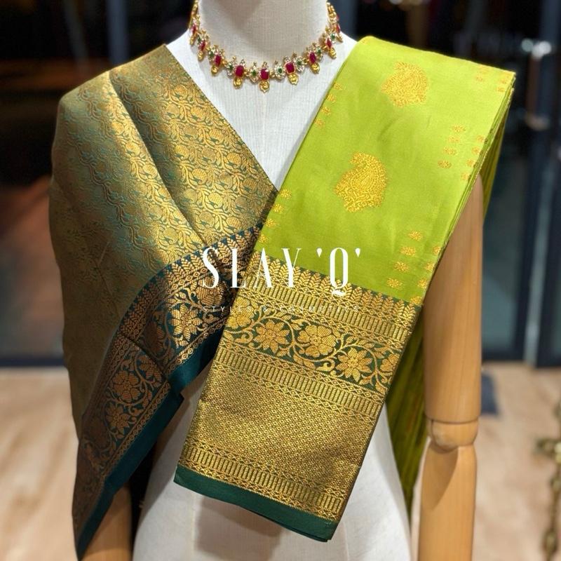 SLAY Q ALYA SERIES | SOFT PATTU WITH BROCADE BLOUSE MATERIAL | CONTRAST BLOUSE & PALLU - KILI GREEN