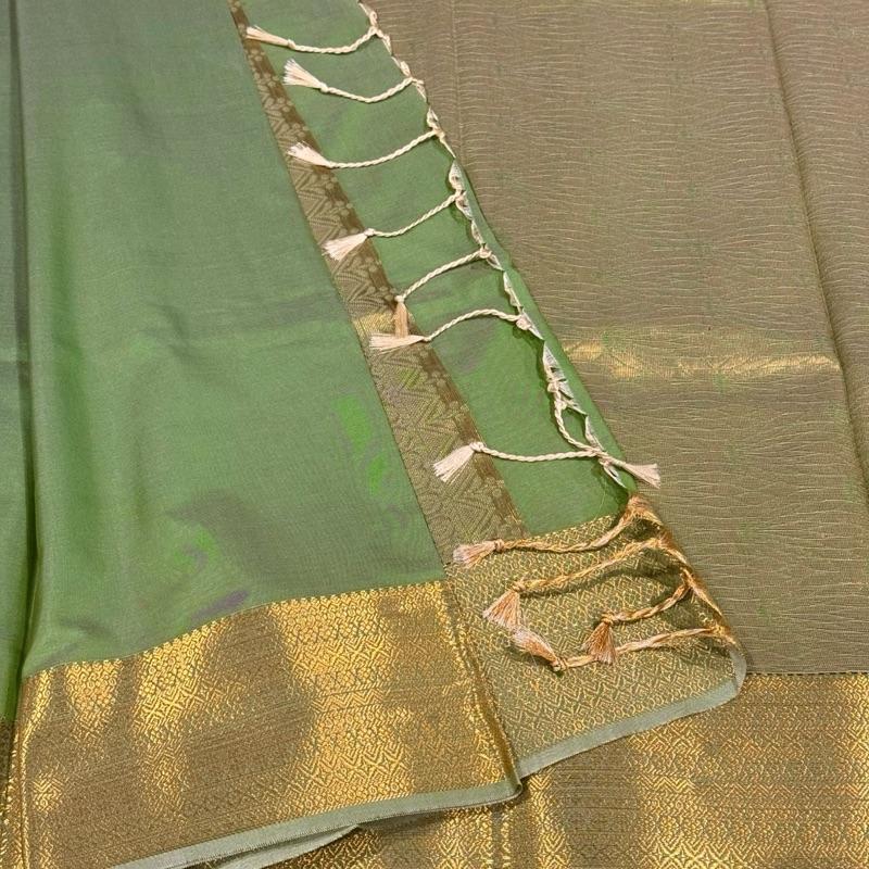 SLAY Q NESA SERIES | PLAIN PATTU SAREE WITH RUNNING BLOUSE & BEAUTIFUL GOLD ZARI BORDER | BRIDESMAID SAREE - PISTA GREEN