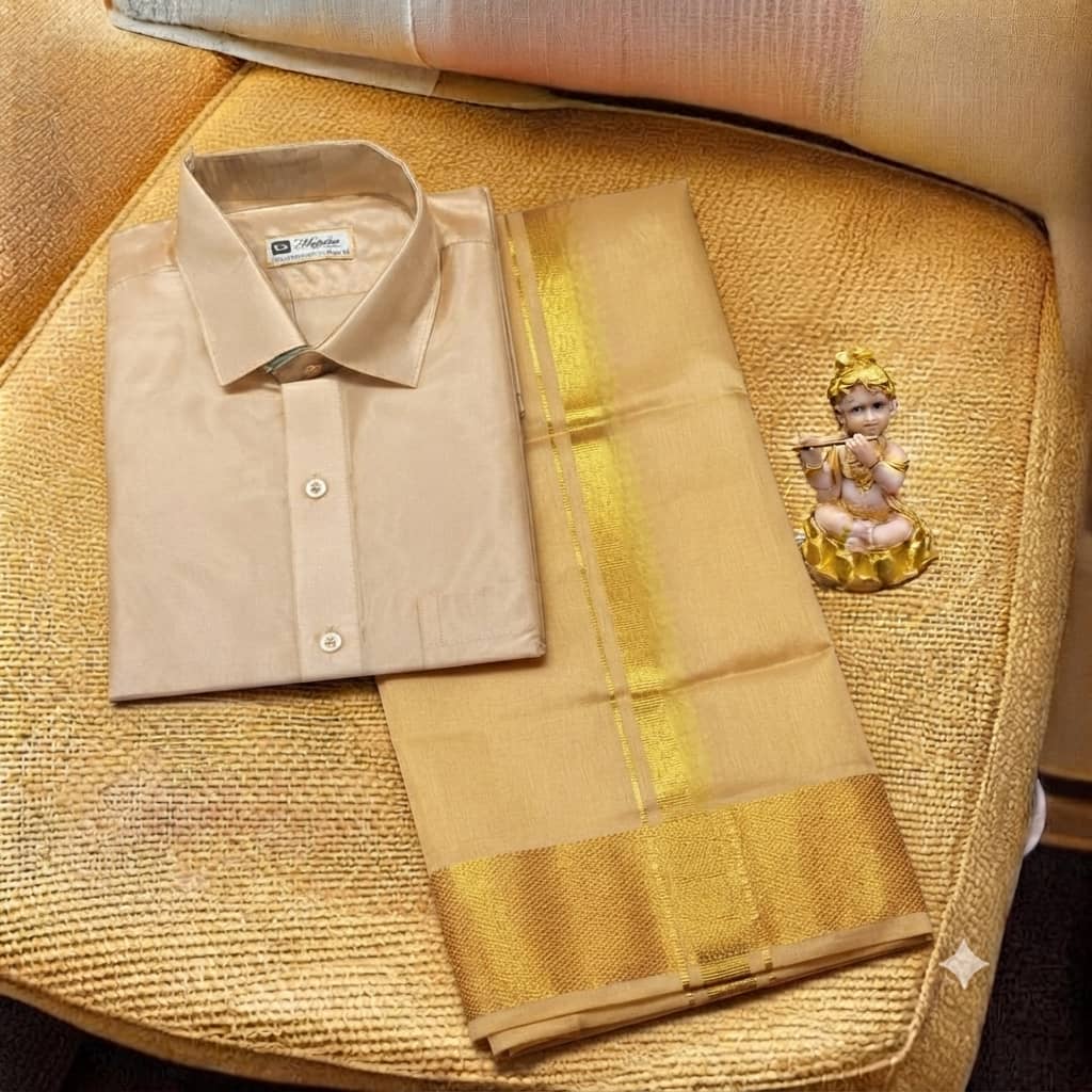 SLAY Q MAAPILLAI MODE SERIES | READYMADE COLOUR VESTI & SHIRT SET FOR MEN WITH VELCRO ( GOLDEN SAND)