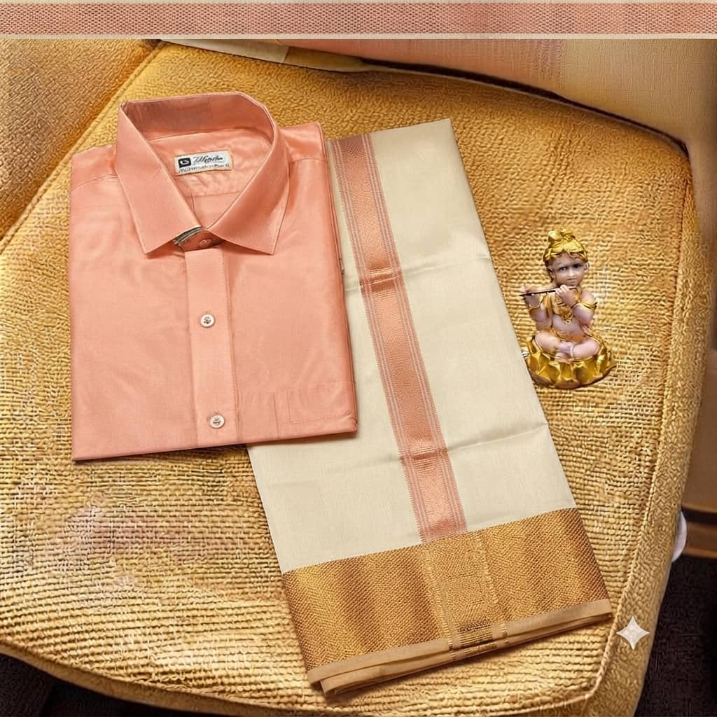 SLAY Q MAAPILLAI MODE SERIES | READYMADE VESTI & SHIRT SET FOR MEN WITH VELCRO ( CORAL PINK)