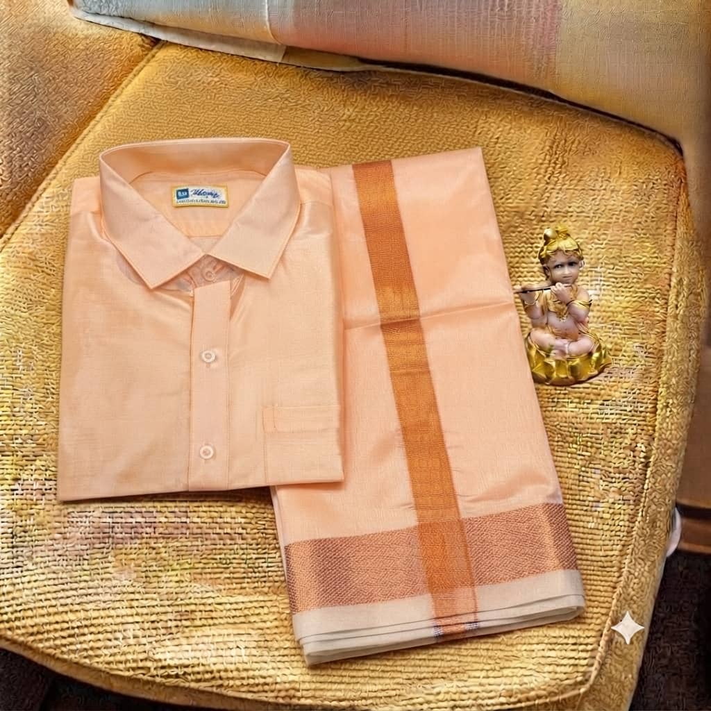 SLAY Q MAAPILLAI MODE SERIES | READYMADE COLOUR VESTI & SHIRT SET FOR MEN WITH VELCRO ( CORAL PINK)