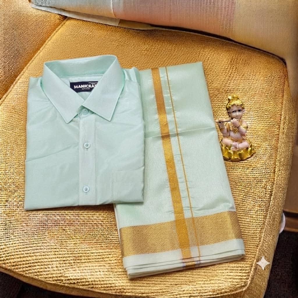 SLAY Q MAAPILLAI MODE SERIES | READYMADE COLOUR VESTI & SHIRT SET FOR MEN WITH VELCRO (LIGHT GREEN)