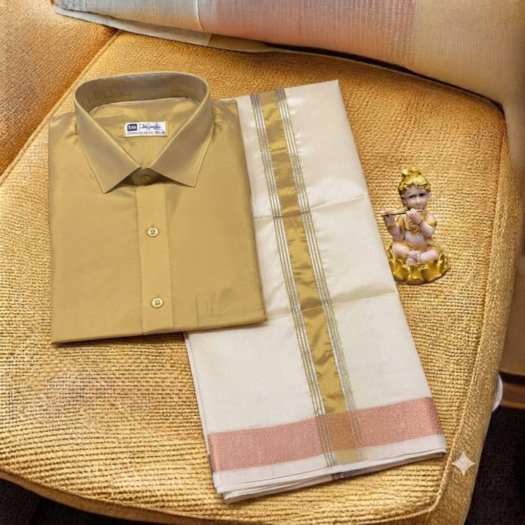 SLAY Q MAAPILLAI MODE SERIES | READYMADE VESTI & SHIRT SET FOR MEN WITH VELCRO ( GOLDEN SAND)